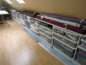 fabric storage, sewing room