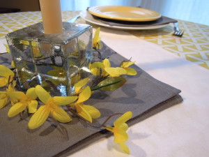 gray and yellow, table setting, linens,