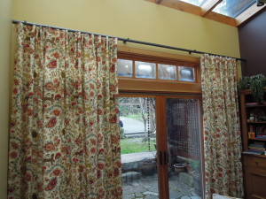 channel rod, curtains, floral curtains, draperies, large window