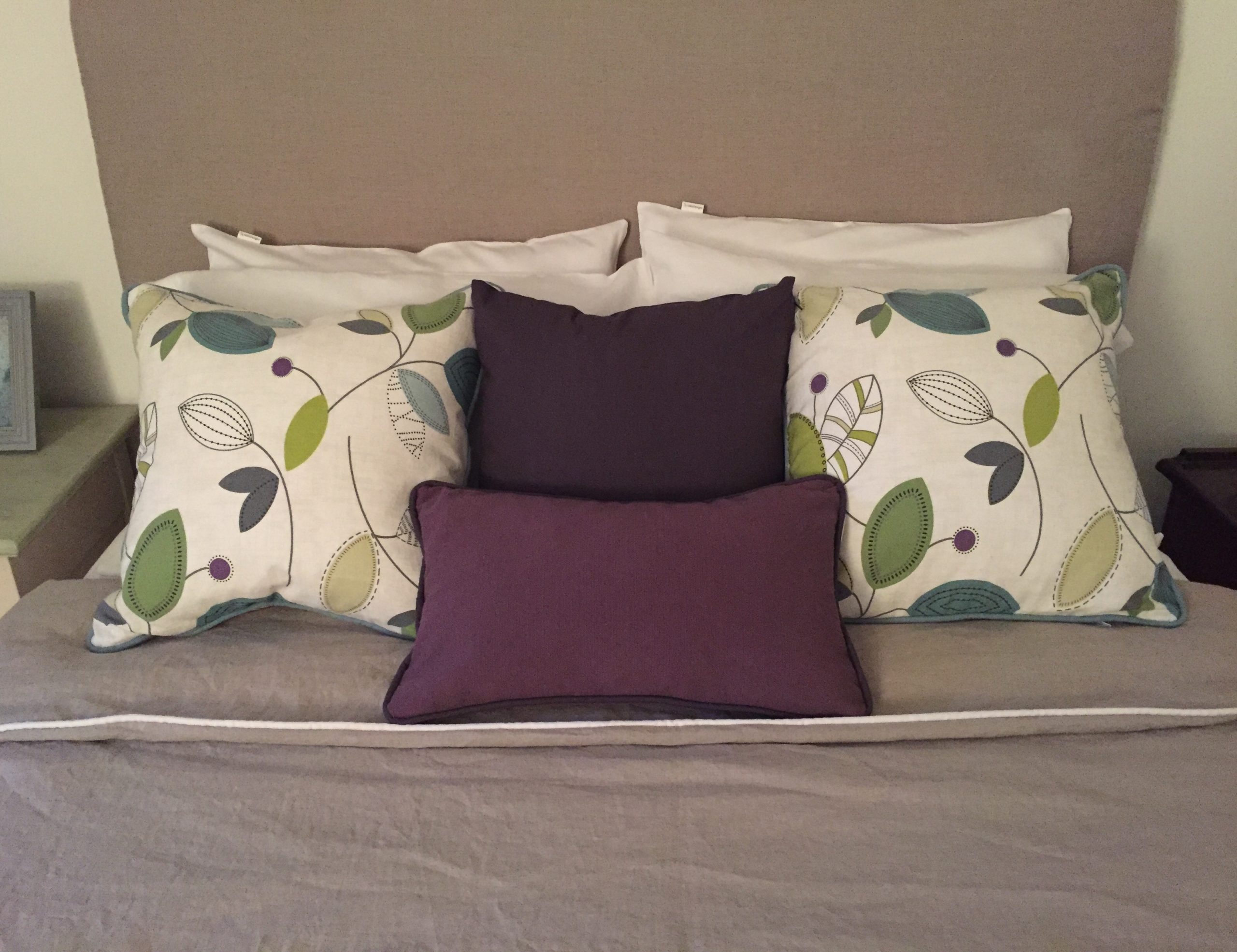 linen pillows, purple, grey, white, green