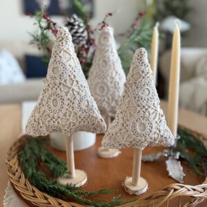 3 vintage lace Christmas trees on tray