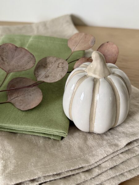 ceramic pumpkin and green cloth with branch of dried leaves